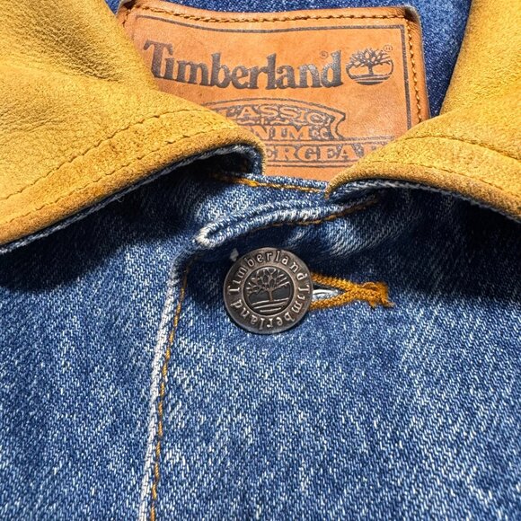 Vintage Timberland Classic Blue Denim Jacket Tam Leather Collar Weathergear Jean - Picture 11 of 13